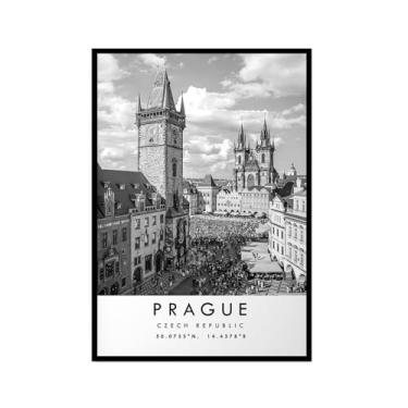 Imagem de Pôster de viagem preto e branco impressão de paisagem da cidade do mundo pintura em tela Praga Wall Art Picture Decoração de casa (8 x 12 polegadas (20 x 30 cm), moldura para fotos)