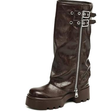 Imagem de SLXCHBSL Botas femininas na altura do joelho com fivela para motociclistas, plataforma, dobráveis, botas de cano alto, salto baixo, botas de panturrilha larga, Marrom, 41