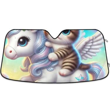 Imagem de Toldo de sol personalizado gatinho unicórnio gato para para-brisa de carro engraçado retrátil dobrável caminhão carro persianas para janelas dianteiras automotivo S, 134,6 cm x 59,7 cm