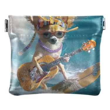 Imagem de Bolsa de moedas de couro com estampa de lobo colorida feminina masculina personalizada para meninas pequenas, Cachorro Chihuahua engraçado surfando, one size, Minimalista moderno