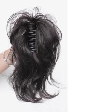Imagem de 1 peça de extensões de cabelo humano real com clipe de rabo de cavalo alto para mulheres, extensões de cabelo preto encaracolado com clipe macio em extensões de cabelo humano