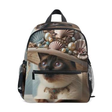 Imagem de GAIGEO Cute Siamese Cat Funny Print Mini Kids Backpack Girl Toddler Backpack with Front Pocket, Safety Whistle for Ages 3-8