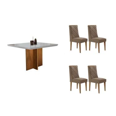 Imagem de Sala Jantar Mesa Berlim Tampo c/ Vidro Curvo 90cm+4 Cadeiras Pietá Madeira Naturale/Off White - Capuccino/Corano Capuccino - Rufato