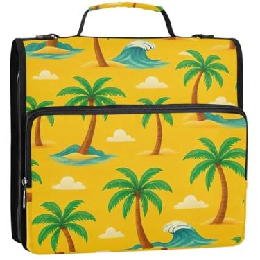 Imagem de Organizador de fichário colorido com zíper, 3 argolas, palmeiras tropicais resistentes, pasta de armazenamento amarela com alça para guardar pasta com alça para escola, 34,5 x 31,5 x 9 cm