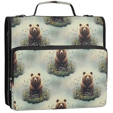 Imagem de Lindo fichário com 3 anéis de 3 anéis de 3 anéis de urso marrom fofo organizador de fichário com zíper portfólio e estojo para pasta de anel bolsa de fichário com alça para escola, 34,5 x 31,5 x 9 cm