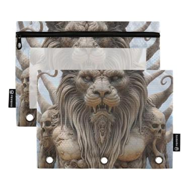 Imagem de GAIGEO Pasta de lápis para escritório com 3 anéis, estojo com zíper, fichário escolar, bolsos transparentes, leão, monstro, criatura 25 x 18 cm, 2 pacotes