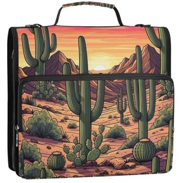 Imagem de Pastas de 3 anéis de cactos verdes deserto montanhas pôr do sol anel D 1,5 polegadas D organizador de fichário bolsa de fichário ensino médio com alça de armazenamento pasta portfólio com alça, 34,5 x