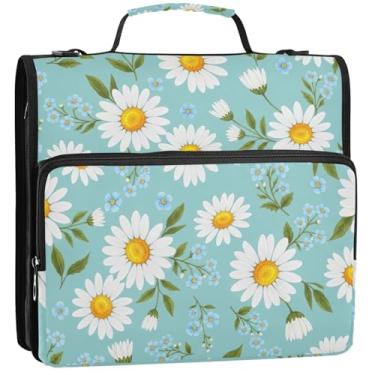 Imagem de Organizador de fichário margaridas flores azuis amarelas com zíper 3 1/2 polegada, 3 anéis, bolsa de fichário para ensino médio com alça de armazenamento, pasta de portfólio com alça, 34,5 x 31,5 x 9