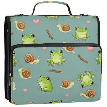 Imagem de Fichários fofos de 3 anéis de 3 cm para serviço pesado, sapos verdes fofos, organizador de fichário, portfólio e estojo, suporte de pasta de anel, bolsa escolar com alça de ombro, 34,5 x 31,5 x 8,9 cm