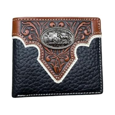 Imagem de Carteira masculina floral trabalhada caubói oração concho em relevo cowboy ocidental carteira de couro de alta qualidade carteiras masculinas couro rodeio presentes para homens, preto por Egifthome