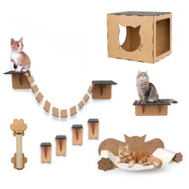 Imagem de Playground Para Gatos 9 Peças MDF Arranhador Nicho Ponte Degrau Rede Brinquedo Gatos Acessorios