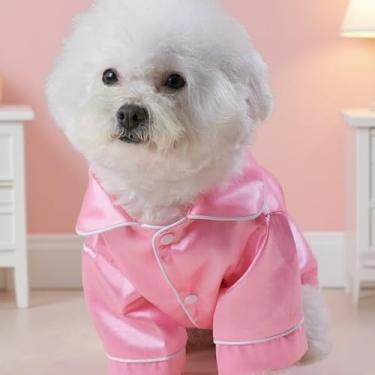 Imagem de Layheld Pijama elegante de cetim com laço e faixa de cabeça, conjunto de 2 peças, roupa de dormir para animais de estimação, cosplay, vários tamanhos para gatos e cães pequenos (conjunto rosa, pequeno