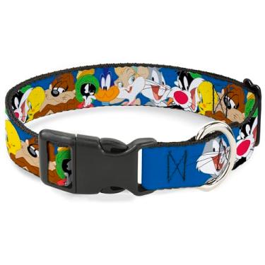 Imagem de Coleira para animais de estimação Looney Tunes, fivela de plástico para coleira de cachorro, Looney Tunes Seven Character Faces Stacked Blue, 23 a 33 cm de largura