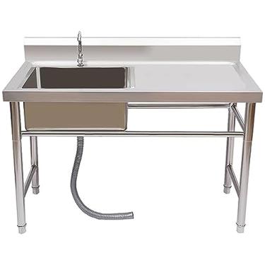 Imagem de ZAHIKA Pia de aço inoxidável comercial, pia de cozinha comercial de tigela única com bancada de trabalho, pia de utilidade externa independente, pia de aço inoxidável para preparação e pia utilitária