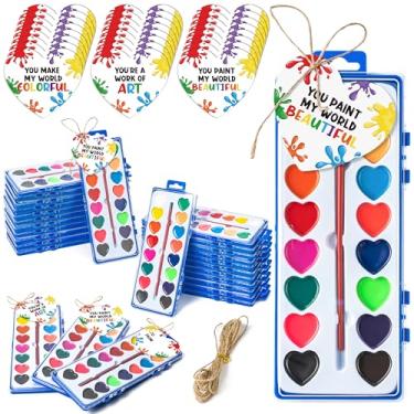 Imagem de CPicdn Conjunto de cartão de presente de Dia dos Namorados, conjunto de tinta aquarela de 16 cores, pacote com 24 conjunto de tinta lavável a granel com pincel para crianças e adultos, material de