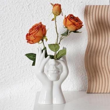 Imagem de Vaso de cerâmica com arte de rosto humano, vaso de arranjo de flores secas para decoração e escultura moderna, vaso branco