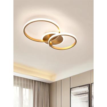 Imagem de Luminária de teto LED moderna com design de anel redondo, dourada, dimerizável, luminária de teto embutida, luminária decorativa moderna de metal para quarto, sala de jantar, escritório, com