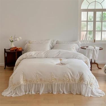 Imagem de Conjunto de cama de algodão estilo vintage com babados e estampa de rosas, incluindo capa de edredom e saia de cama, disponível em 1 ou 1,5 x 2 metros (6 peças).