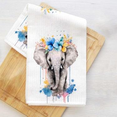 Imagem de Toalhas de cozinha de elefante floral em aquarela, elefante artístico decorativo absorvente pano de prato de microfibra toalha de chá, toalhas de mão de trama de waffle para casa de banho cozinha