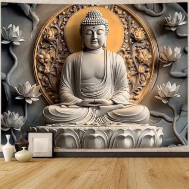 Imagem de FENDROM Tapeçaria vintage de Buda sentado na parede, tapeçaria de estátua budista, meditação, lótus, decoração de parede, psicodélico, indiano, arte zen para quarto, sala de estar, decoração de casa