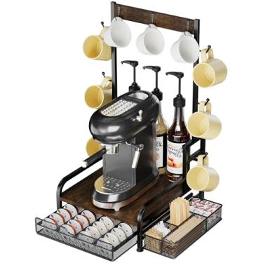 Imagem de PONEYA Gaveta de suporte de cápsulas de café, capacidade para 40 cápsulas para Nespresso, com 9 ganchos de caneca e cesta de armazenamento extra, organizador de estação de café para máquina Keurig