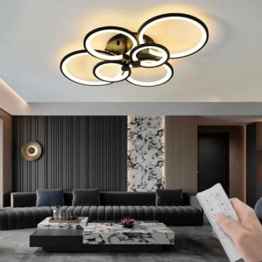 Imagem de Lustre moderno, luminária de teto grande com LED regulável em preto e branco para sala de estar, com design de 6 anéis, em acrílico, ideal para sala de estar, quarto, sala de jantar e escrit