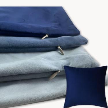 Imagem de Kit 4 Capas de Almofada Felpudas 45x45 com Zíper Invisível, Toque Aveludado, Tons Azul e Cinza ou Rose, Decoração Sofisticada para Sala e Quarto – Vende Mais (Azul/Cinza)