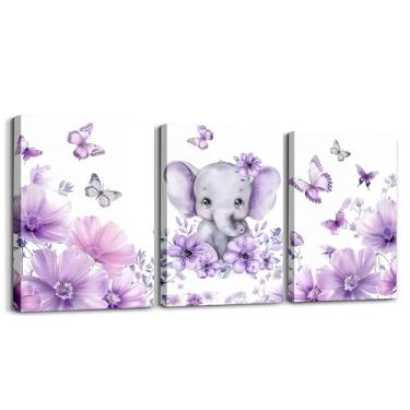 Imagem de Erosebridal Conjunto de 3 arte de parede em tela de elefante para crianças, 30,5 x 40,6 cm, lindas pinturas de animais de zoológico para sala de estar, quarto, banheiro, arte de parede com moldura