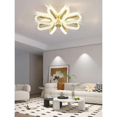 Imagem de Luminária de teto moderna LED dourada, semi-embutida, em acrílico, com três opções de intensidade de cor, para sala de estar, sala de jantar e quarto (80 cm).