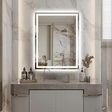 Imagem de TheiaMo Espelho de banheiro de LED de 91,4 cm x 71 cm com luzes, espelho de banheiro iluminado frontal e retroiluminado para parede, espelho de maquiagem de LED duplo, 3 cores, à prova de