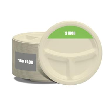 Imagem de YACEYACE Pratos de papel com 3 compartimentos - pacote com 150 pratos de bagaço biodegradáveis, prato de papel descartável redondo para festa, piquenique, catering, casa, churrasco