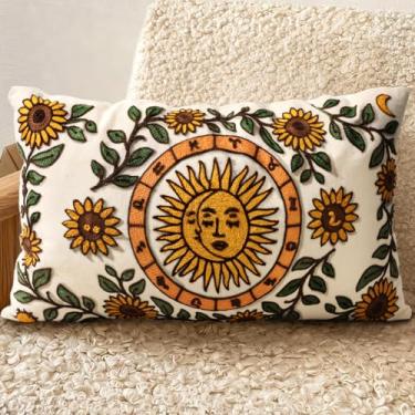 Imagem de Kokaaee Capas de almofada lombar bordadas 50 x 30 cm - Capa de almofada decorativa boho de verão com zíper para sala de estar, sofá, cama, design estético, girassol, lua, linho, fronha