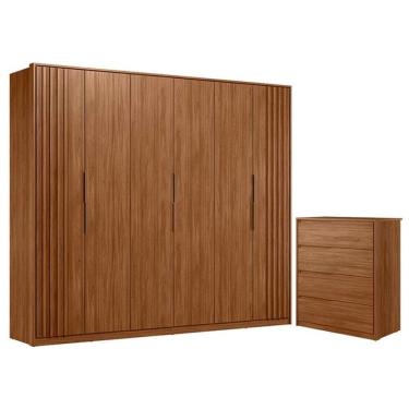 Imagem de Cômoda Atria 4 Gavetas e Guarda Roupa Casal Ripado Atrice Nogueira Touch Demóbile - Demartêz