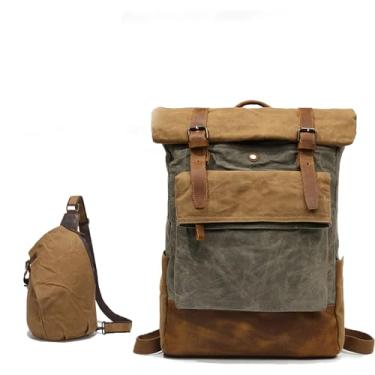 Imagem de Mochila Vintage De Lona Encerada Com Detalhes Em Couro LegíTimo E Bolsa De Peito, Bolsa De Viagem ImpermeáVel Com Fecho De Enrolar Para Homens E Mulheres.