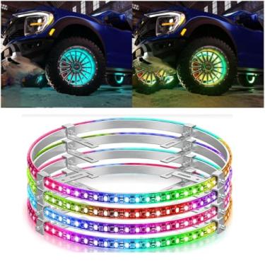 Imagem de WUMFIRE Luzes de roda de carro 43 cm fileira 4 peças para caminhão/ATV/UTV LED mais brilhante RGB anéis de aro brilhante luz de anel de roda musical com sinal de seta e frenagem decoração de carro