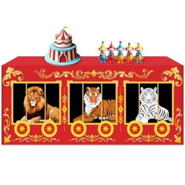 Imagem de Toalha de mesa com tema de circo de 1,8 m, decorações de carnaval, gaiola de animais de circo, toalha de mesa de jantar, tecido lavável, poliéster, retangular, capa protetora para aniversário, chá de