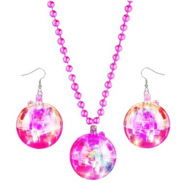 Imagem de JICASTO Brincos e colares de bola de discoteca LED, 2 peças de conjunto de bolas de discoteca iluminadas dos anos 70 e 80 para lembrancinhas de festa de discoteca, acessórios de dança, fantasia