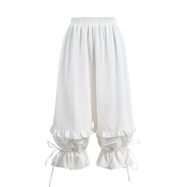 Imagem de NSPSTT White Bloomers Calça feminina longa Lolita Bloomers shorts abóbora com babados calças vitorianas, tamanho G
