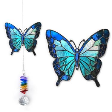 Imagem de GIFTELIX Enfeites de Natal - Presente de aniversário de borboleta azul para família, mulheres, homens - Criador de arco-íris de cristal - Decorações de janela para casa e jardim