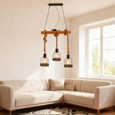 Imagem de Luminária pendente E27 vintage para mesa de jantar, em madeira, com corda de cânhamo, estilo retrô industrial, com altura ajustável, ideal para sala de estar, cozinha, bar, restaurante e caf