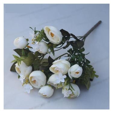 Imagem de KEG801302 Buquê de flores falsas para dama de honra, casamento, simulação de flores, buquê de camélia, 10 cabeças, arranjo de rosas de raiom, decoração de festa para casa (branco)