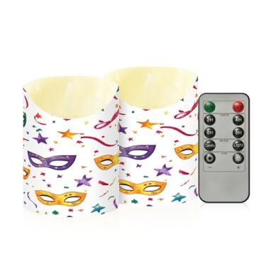 Imagem de Wassud Pacote com 2 máscaras coloridas de carnaval velas sem chama com controle remoto, velas realistas cintilantes com temporizador, velas decorativas para Natal, casamento, festa, decoração de casa