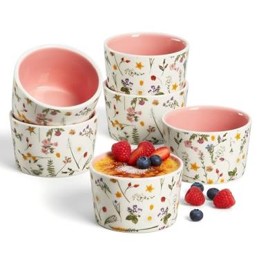 Imagem de ONEMORE Conjunto de 6 ramequins rosa para forno de 170 g, ramekin de cerâmica floral para assar e servir, pratos creme brulee, copos de suflê de pudim de creme, tigelas pequenas de sobremesa para