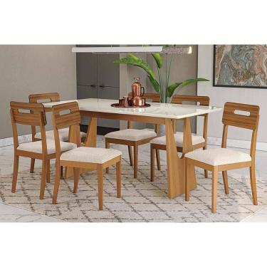 Imagem de Sala Jantar Mesa Mila Premium Madeira Maciça c/ Tampo Madeirado c/ Vidro 180x90cm e 6 Cadeiras Lila Carvalho/Off White - Linho Bege Argila-Kappesberg