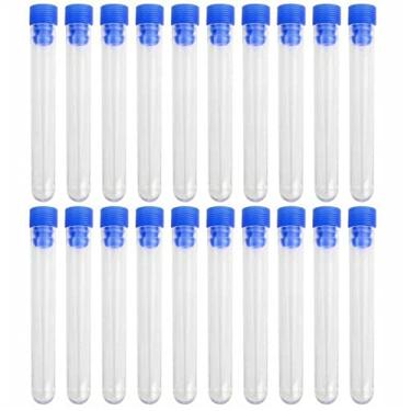 Imagem de 20 peças de tubos de ensaio de plástico transparente com tampas de empurrar azuis, tubo de armazenamento de amostra de 16 x 100 mm tubos de plástico com tampas para joias de laboratório, miçangas em pó, temperos, armazenamento de doces líquidos
