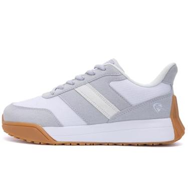 Imagem de N BESUNEW Tênis feminino com bico largo, plataforma de caminhada fácil de calçar e descalçar, com suporte de arco, calçados esportivos casuais confortáveis e retrô, Branco, cinza, 40