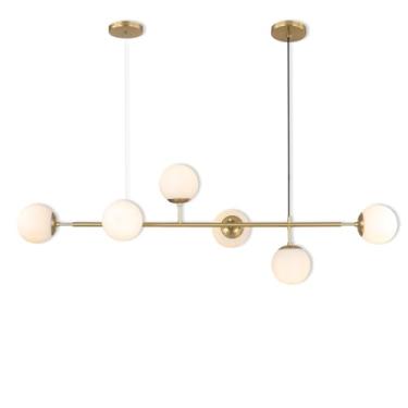 Imagem de Lustre linear moderno com 6 lâmpadas em formato de globo de vidro, estilo meados do século XX, luminária pendente retangular para ilha de cozinha, sala de jantar, restaurante e sala de estar