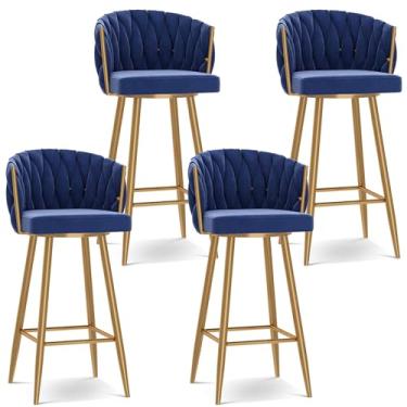 Imagem de Banquetas de bar giratórias modernas de 360°, cadeiras de cozinha estofadas de altura de bar com pernas de aço e apoio para os pés, perna dourada azul, 4 peças