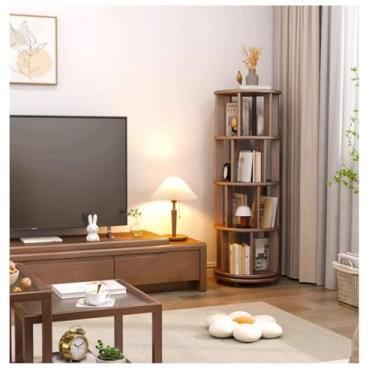 Imagem de Torre de estante giratória 360, suporte de armazenamento de estante de chão, organizador de prateleira de livros estreito de madeira com 4 camadas para quarto, sala de estar e sala de estudo