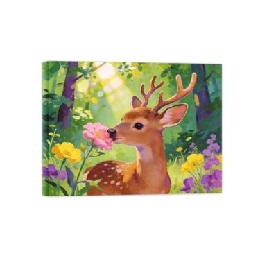 Imagem de BMZFYBS Impressão em tela de arte de parede animal - veado na floresta - pintura de decoração moderna - imagens para casa pronta para pendurar tela embrulhada 60 x 80 cm 24 x 31 polegadas
